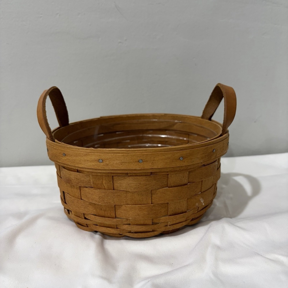Vintage Longaberger Round Basket with Brown Leather Handles & Liner 1993 6.5" In